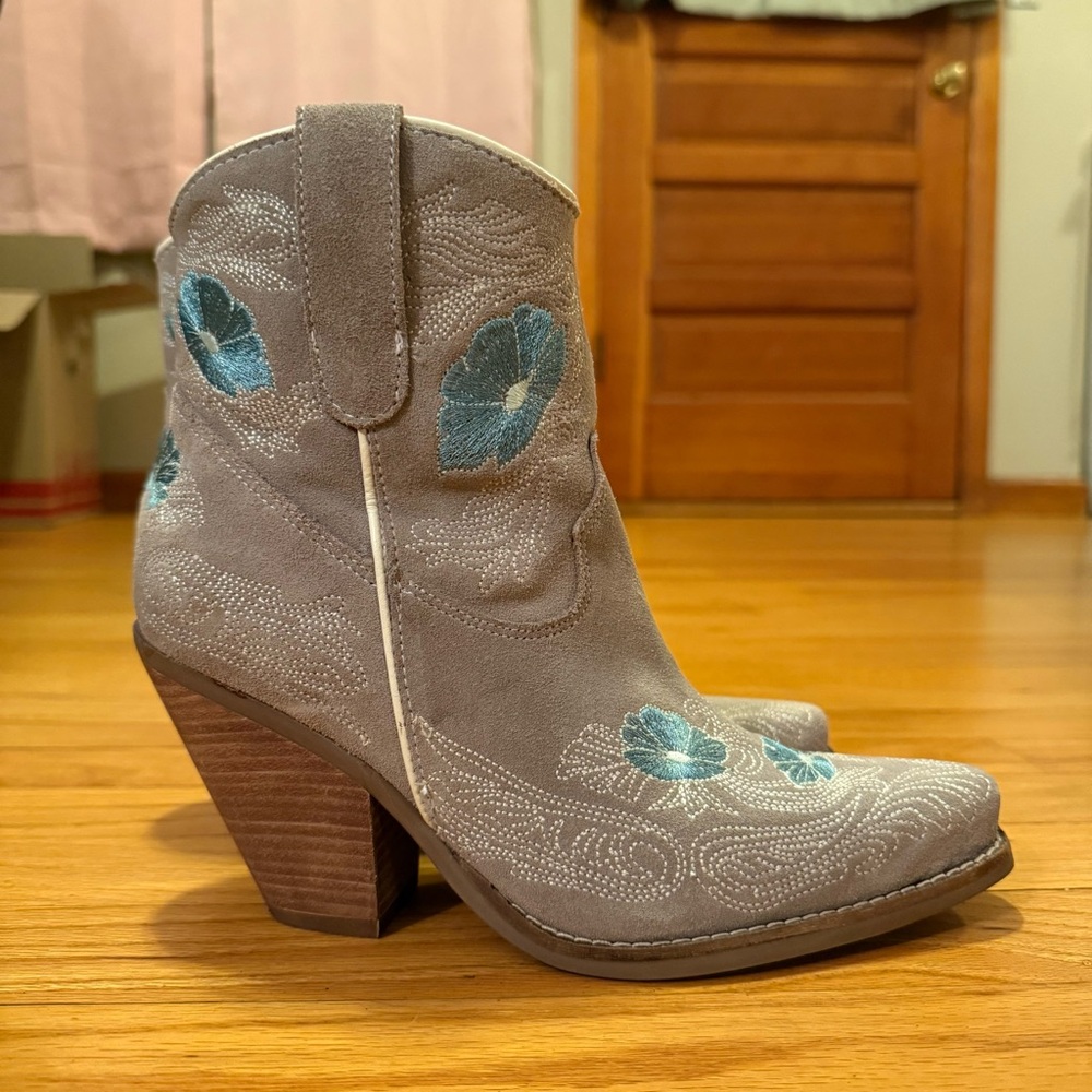 Dingo Suede Embroidered Ankle Boots in Taupe Grey with Teal Floral Accents